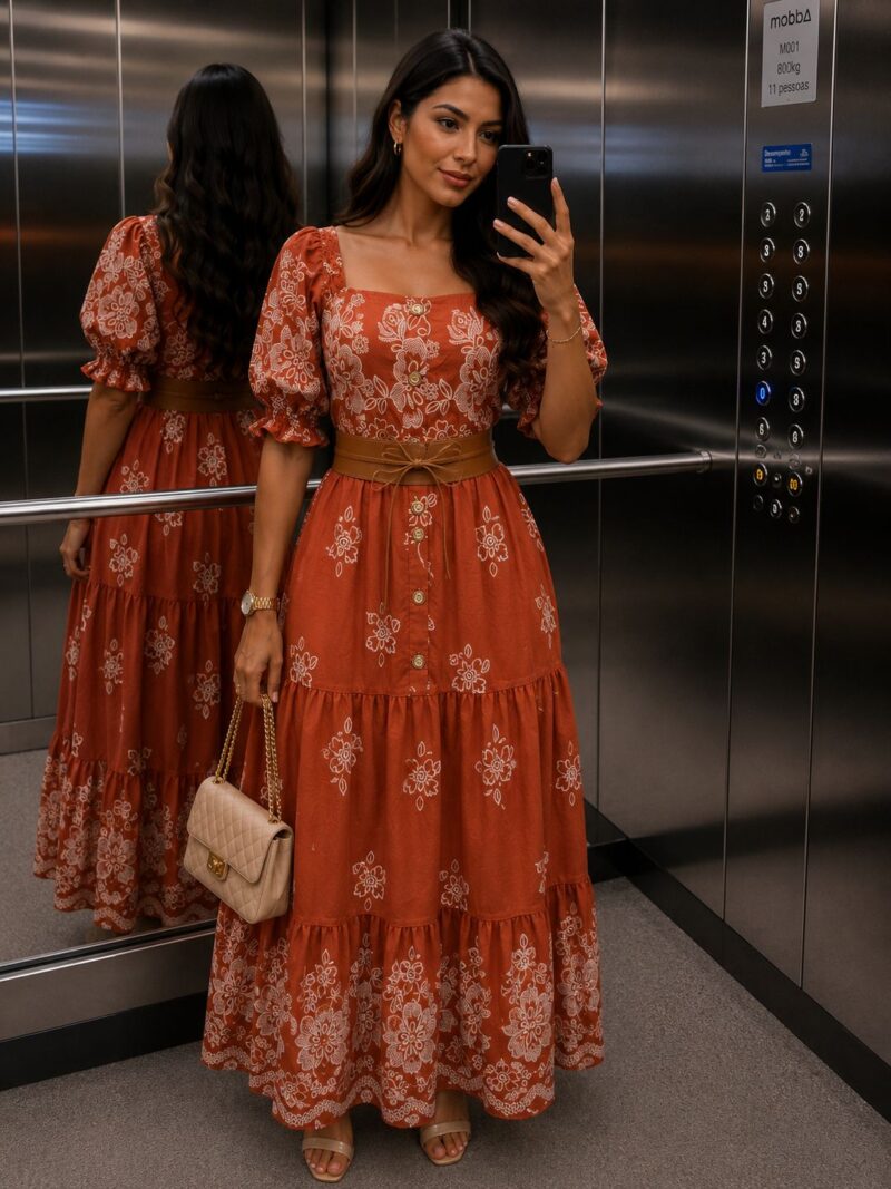 734 - Vestido Com Cinto Terracota